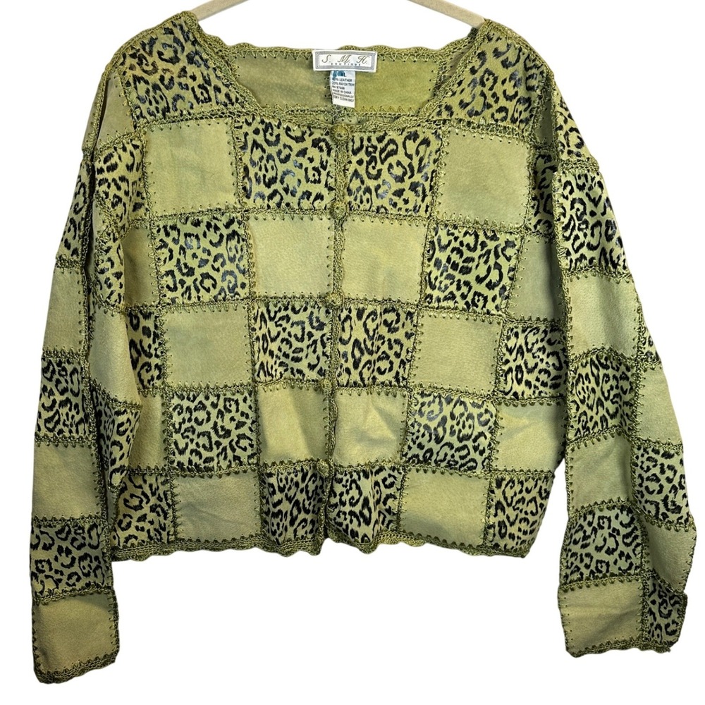 SMH Boutique Vintage Leather Patchwork Leopard Print Jacket Green XL